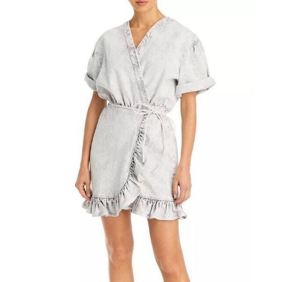 IRO AQ614 Women's Sz 44 US 12 Bleached Gray Mazargue Ruffled Wrap Dress $495 - Picture 1 of 11